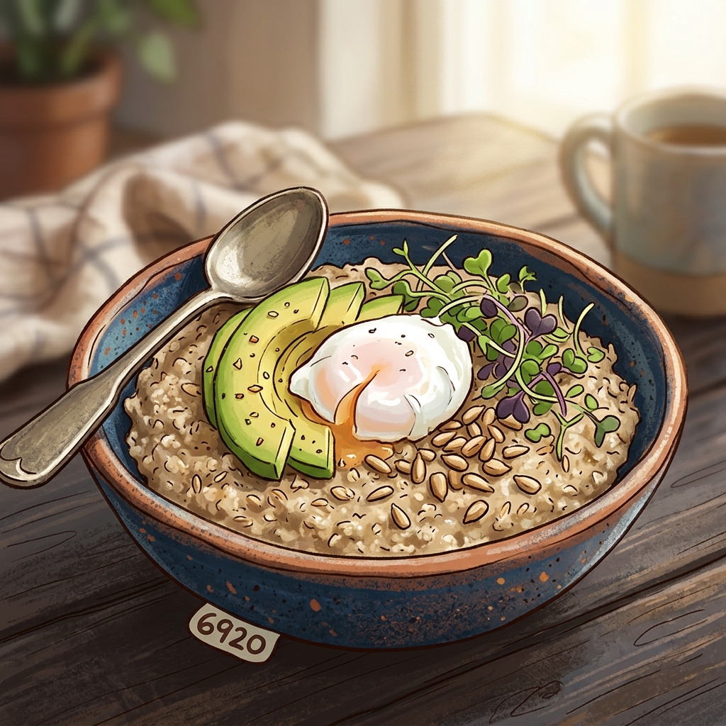 A rustic ceramic bowl filled with savory oatmeal porridge topped with a poached egg, sliced avocado, toasted sunflower seeds, and fresh microgreens, set on a dark wooden kitchen table, soft morning sunlight hitting the bowl, high-quality food photography, warm and inviting atmosphere, macro shot, shallow depth of field.