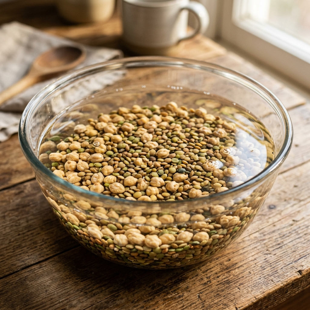 Close-up of dried chickpeas and lentils soaking in a glass bowl filled with clear water, wooden kitchen table background, soft morning sunlight hitting the water surface, realistic textures, high quality culinary photography, warm and inviting atmosphere.