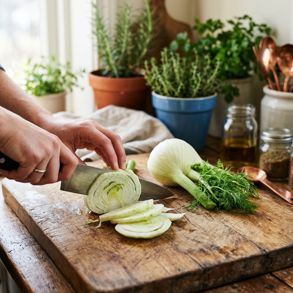 Close-up shot of fresh fennel bulbs being sliced on a rustic wooden cutting board, soft natural morning light, kitchen environment with herbs in the background, high resolution, professional food photography style, warm tones.