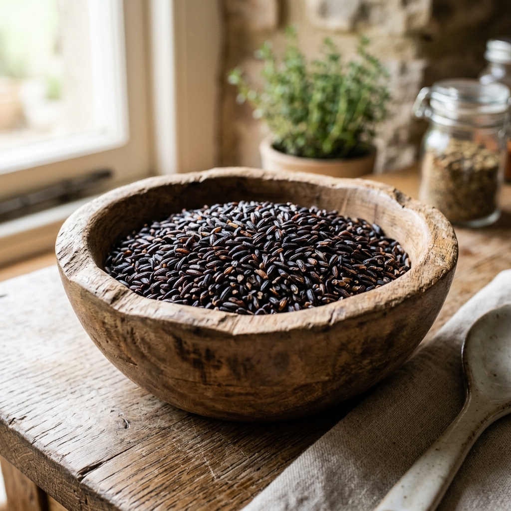 A close-up, high-quality shot of uncooked black rice grains in a rustic wooden bowl, with a soft kitchen background, natural morning sunlight streaming in, minimalist culinary photography style, sharp focus on the texture of the grains.